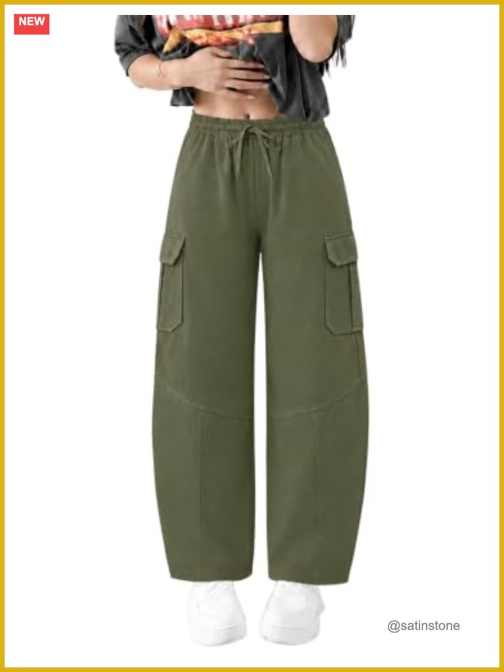 AKEWEI Cotton Cargo Pants Women Mid Rise Baggy Drawstring Pockets Wide Leg